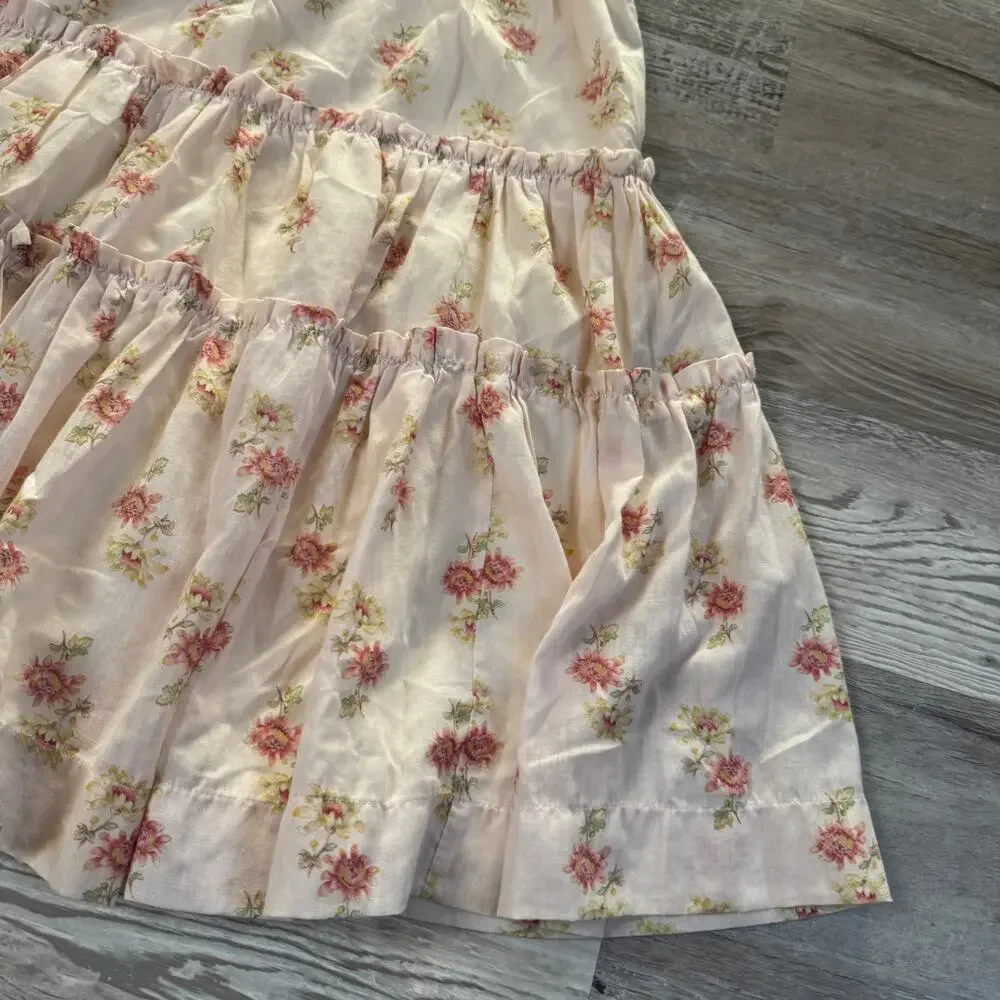 Vintage 90s Pink Floral Tiered Prairie Midi Skirt Cottagecore Coquette Boho S